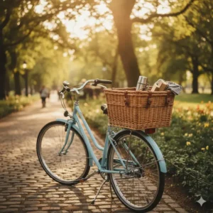 Classic vintage style wicker bicycle baskets rear rack on a retro cruiser bicycle.