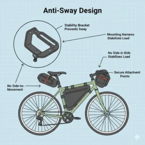 Illustration of a bike saddle pack with an integrated stabilizer bracket to prevent side-to-side movement.