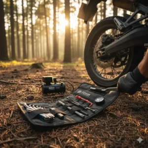 A trail-side repair kit and emergency tools included in motorcycle camping accessories.