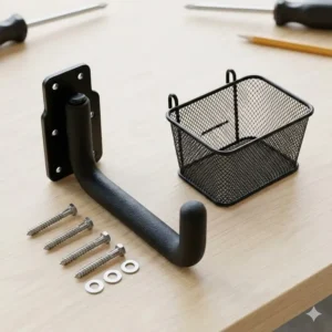 Detailed view of the hardware components included in the bike hook and basket kit.