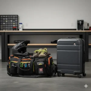 A large capacity mountain bike gear bag compared to standard luggage for scale.