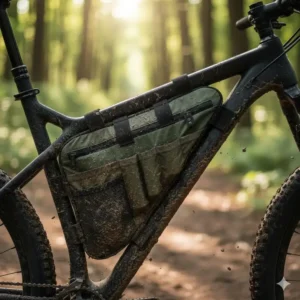 A durable and mud-splattered bag mtb featuring heavy-duty zippers for extreme weather.
