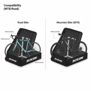 Compatibility chart showing how a scicon bicycle bag fits both mountain bikes and road bikes.