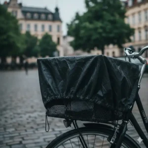 A black mesh bicycle baskets rear rack protected by a durable waterproof rain cover.