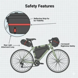 A bike saddle pack featuring reflective strips and a rear light attachment loop for nighttime safety.