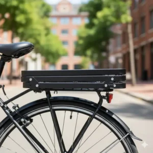 Space-saving folding bicycle baskets rear rack shown in its collapsed position on the bike.