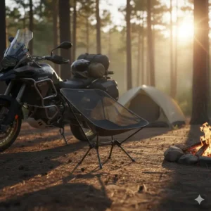 A lightweight collapsible chair for relaxation, part of the motorcycle camping accessories kit.
