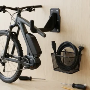 Reinforced storage solution specifically designed as an e-bike compatible bike hook and basket.