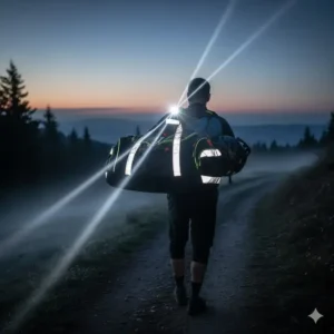 mountain bike gear bag with reflective strips for high visibility during early morning rides.