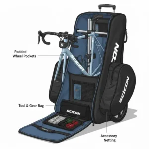 Close-up view of the dedicated tool pockets and gear compartments inside a scicon bicycle bag.