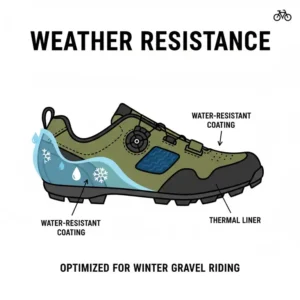 Illustration of water-resistant coatings and thermal liners for winter versions of the best gravel bike shoes.