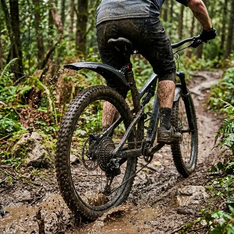 : A professional cyclist using the best mountain bike mudguards on a muddy forest trail.