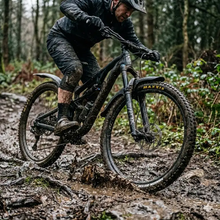 A mountain bike equipped with high-quality mtb bike fenders on a muddy trail.