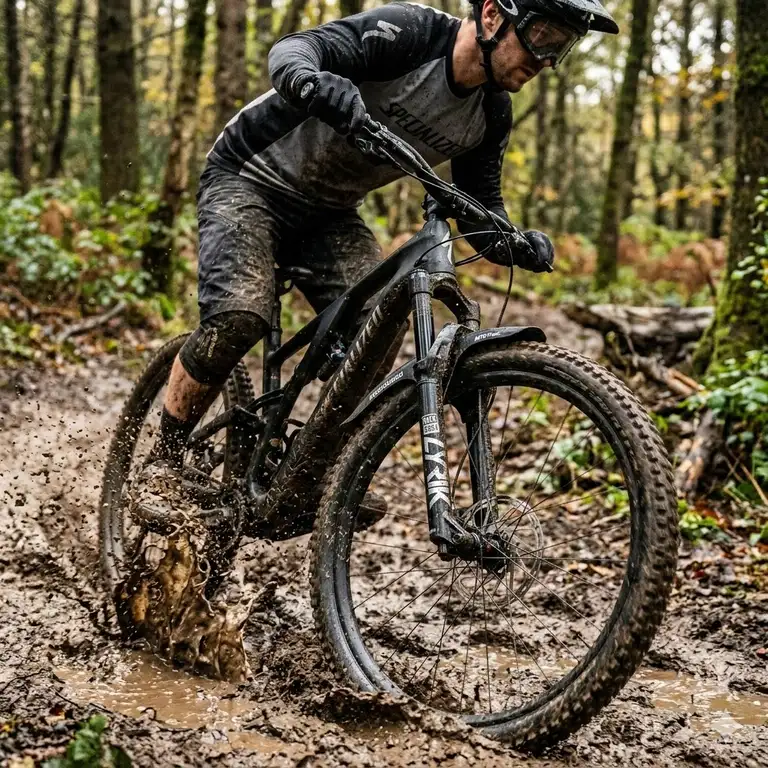 A professional mountain biker riding through mud showing the effectiveness of a front mtb fender.