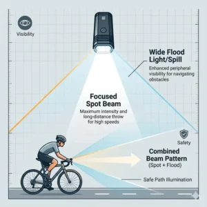 Illustration 1: Illustration showing the wide and focused beam pattern of a modern front bike light.