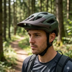A rider wearing cool mens bike helmets on a forest trail.