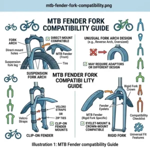 Technical diagram explaining different suspension fork arches compatible with a standard mtb fender.
