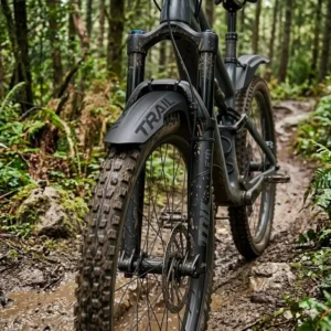 Close-up of front mountain bike mudguards securely attached to the suspension fork.