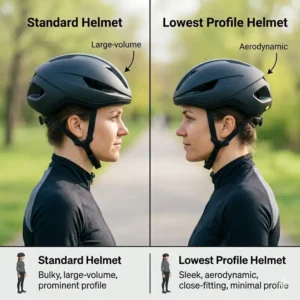 A side-by-side comparison between a bulky helmet and the lowest profile bicycle helmet model.