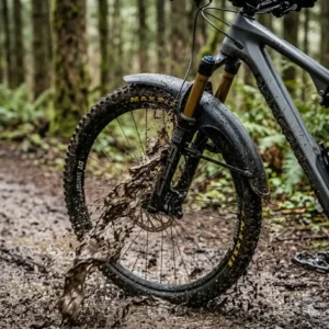 A rider splashing through mud with a mountain bike front fender blocking debris.
