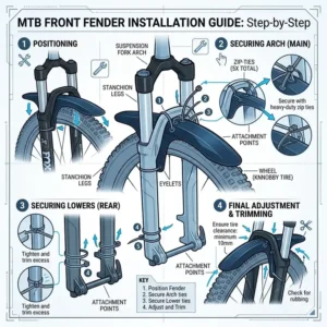 A detailed step-by-step diagram showing how to install an mtb front fender on a suspension fork.