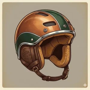 Illustration 1: Illustration of a vintage-style cool mens bicycle helmets with leather straps and a chrome finish.
