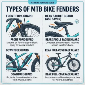 Diagram showing the different types of mtb bike fenders including front, rear, and downtube mounts.