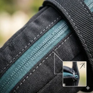 Close-up illustration showing the waterproof fabric and seam-sealed zippers of a bike tool bag.