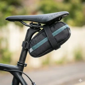 An illustration of a compact bike tool bag with a sleek aerodynamic design for road bikes.