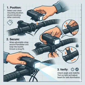 Illustration 2: A step-by-step diagram of how to attach a front bike light to a bicycle handlebar.