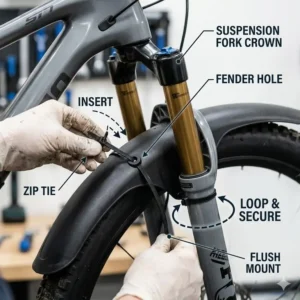 Close-up tutorial showing how to secure a mountain bike front fender using zip ties.