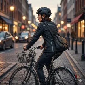 An urban commuter cycling through the city wearing a stylish and lowest profile bicycle helmet.