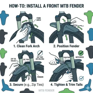 Step-by-step infographic showing how to properly install and secure an mtb fender using zip ties.
