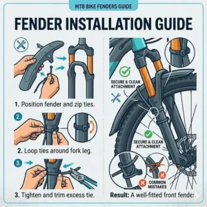 Step-by-step installation guide for attaching mtb bike fenders to a suspension fork.
