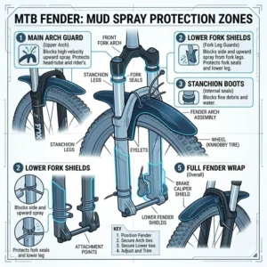 Illustration highlighting the mud and water spray protection zones provided by an mtb front fender.
