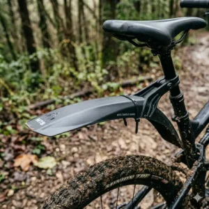 A rear mountain bike mtb mudguard mounted under the saddle for rider protection.