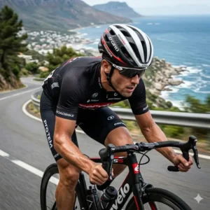 A professional road cyclist wearing an aerodynamic and cool mens bike helmet.