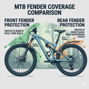 Comparison chart showing the different protection areas of a front and rear mtb fender on a mountain bike.