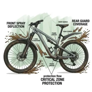 Technical diagram showing how mountain bike mudguards deflect trail debris and water.