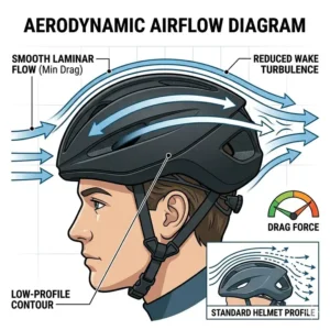 Airflow diagram demonstrating the aerodynamic efficiency of the lowest profile bicycle helmet.
