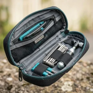 Internal view illustration of a bike tool bag showing organized mesh pockets for tire levers and multi-tools.