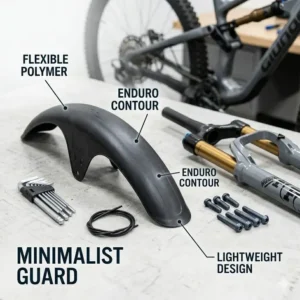 A lightweight and flexible mountain bike front fender for enduro racing.
