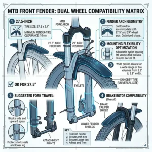 Technical graphic displaying mtb front fender compatibility with various mountain bike wheel sizes.
