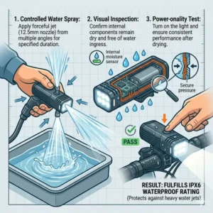 Illustration 3: Illustration of a front bike light being sprayed with water to demonstrate IPX6 waterproofing.