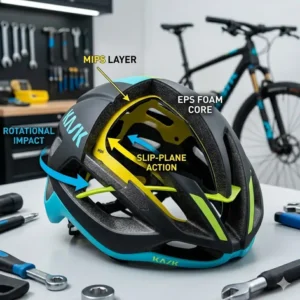 Close-up of a cool mens bike helmets showing internal MIPS safety technology.