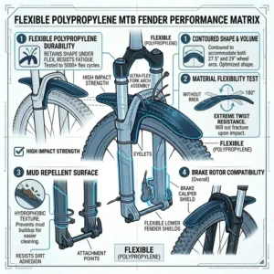 An infographic showcasing the flexibility and durability of a polypropylene mtb front fender.