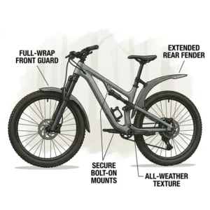 A set of full-wrap mountain bike mudguards designed for ultimate coverage in wet weather.