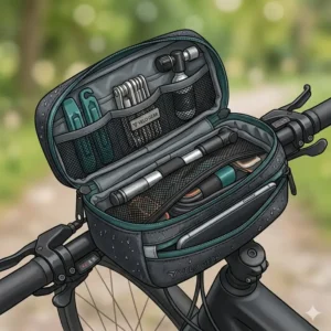 Illustration of a large capacity bike tool bag mounted on the handlebars for easy access during rides.