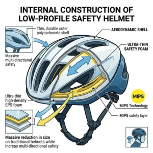 Internal cross-section showing the safety layers and foam of the lowest profile bicycle helmet.