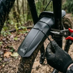 Step-by-step guide showing how to secure a mountain bike mtb mudguard with zip ties.